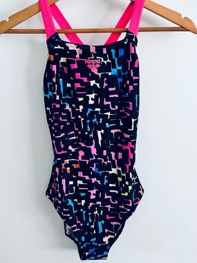 Arena Navy Geometric One-Piece Swimsuit with Hot Pink Straps